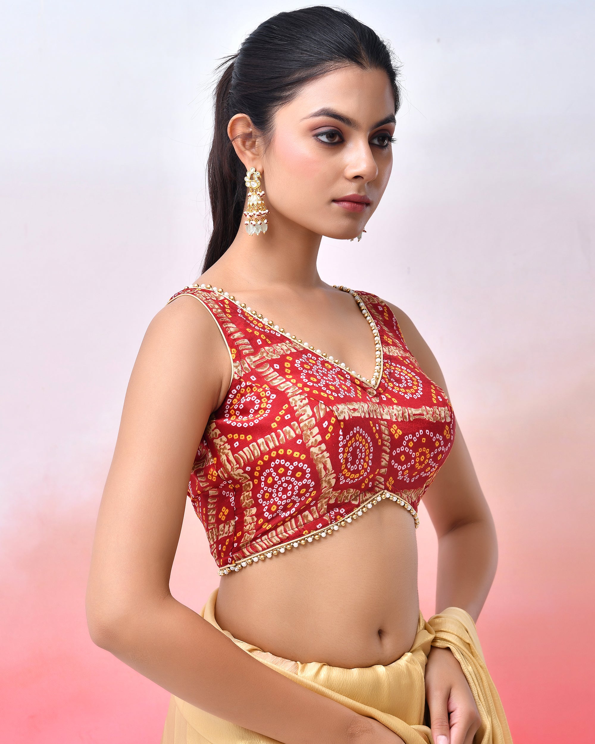 Red Bandhej Printed Padded Blouse